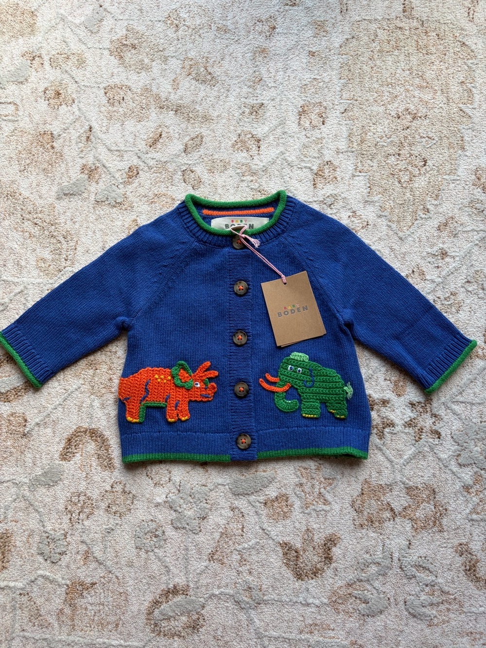 NWT! Baby Boden Wool Blend Crochet Dinosaur Knit Button Up Cardigan